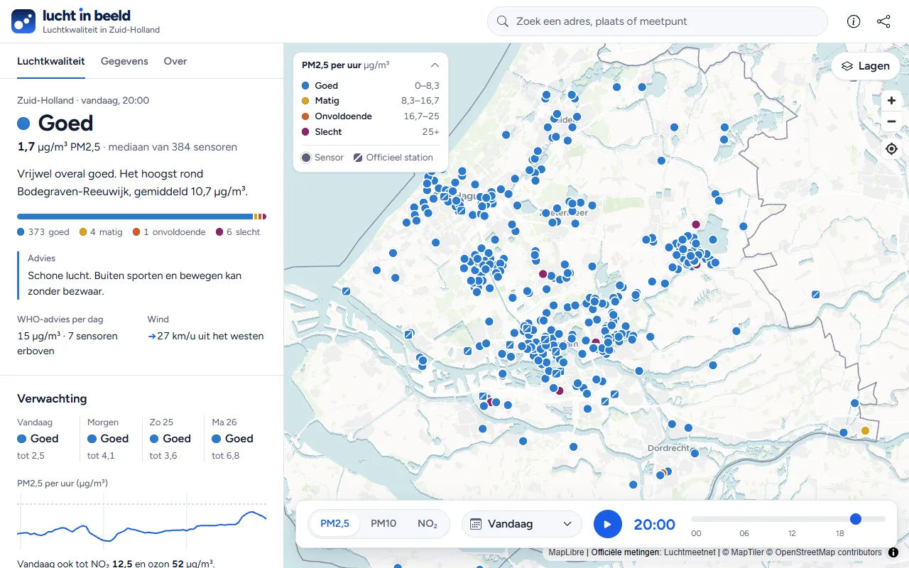 Lucht in beeld: een kaart van Zuid-Holland met gekleurde meetpunten, links de luchtkwaliteit van nu en de verwachting.